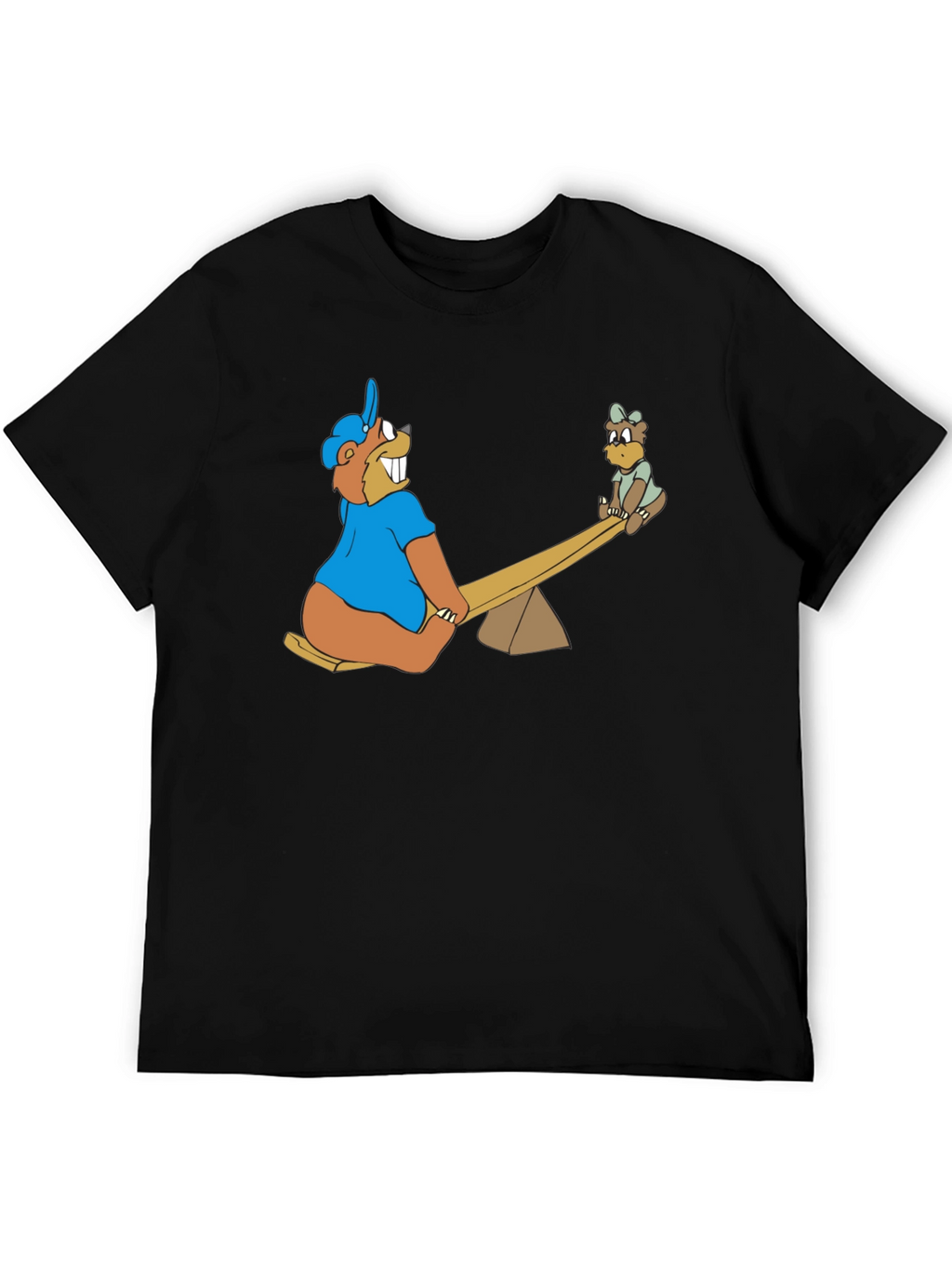 Cartoon Beaver See-Saw Black T-Shirt
