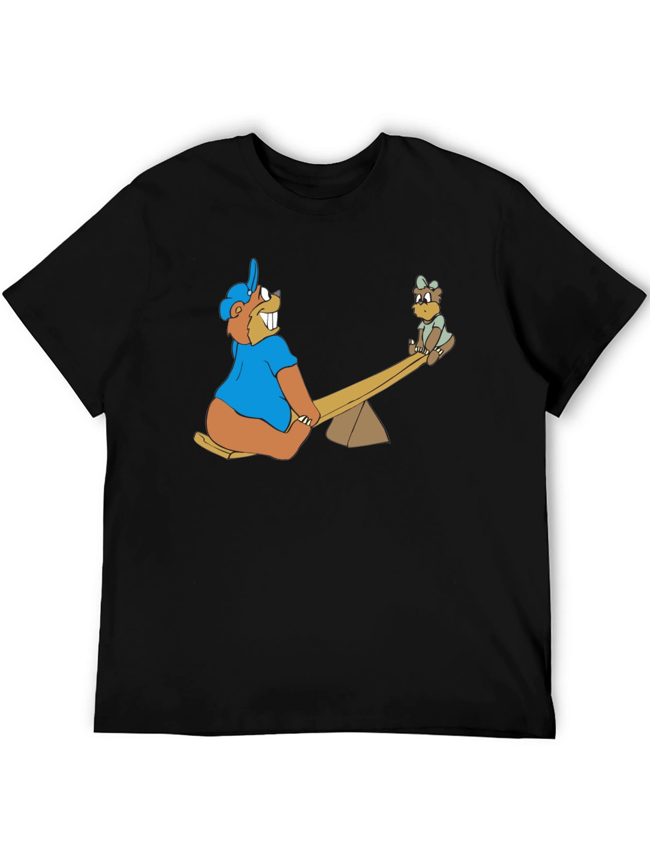 Cartoon Beaver See-Saw Black T-Shirt