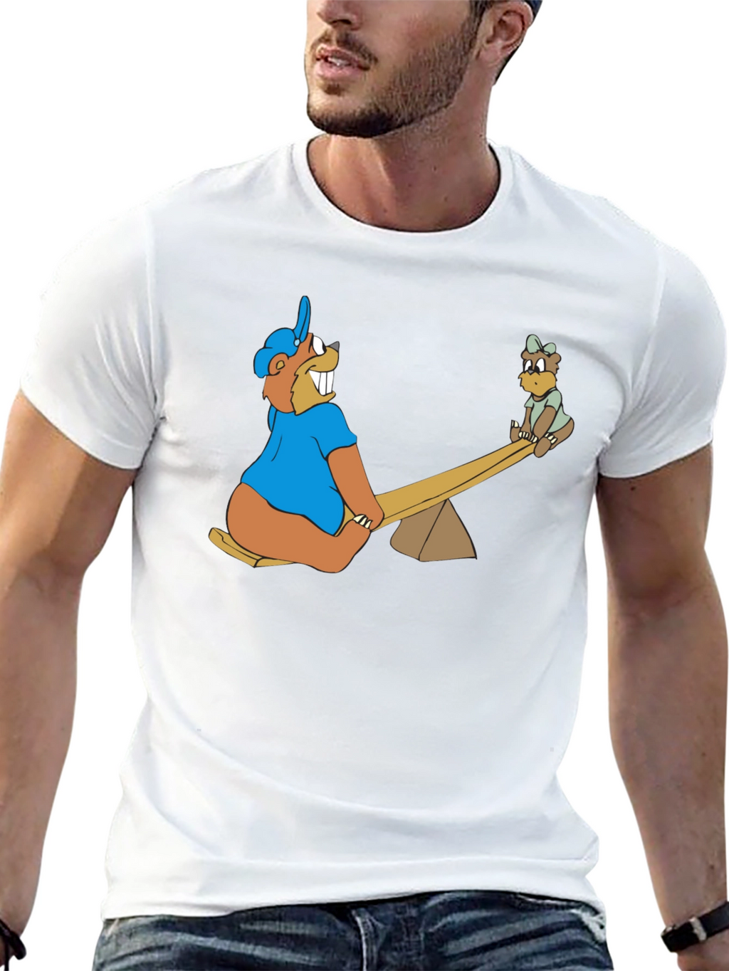 Cartoon Beaver See-Saw Black T-Shirt