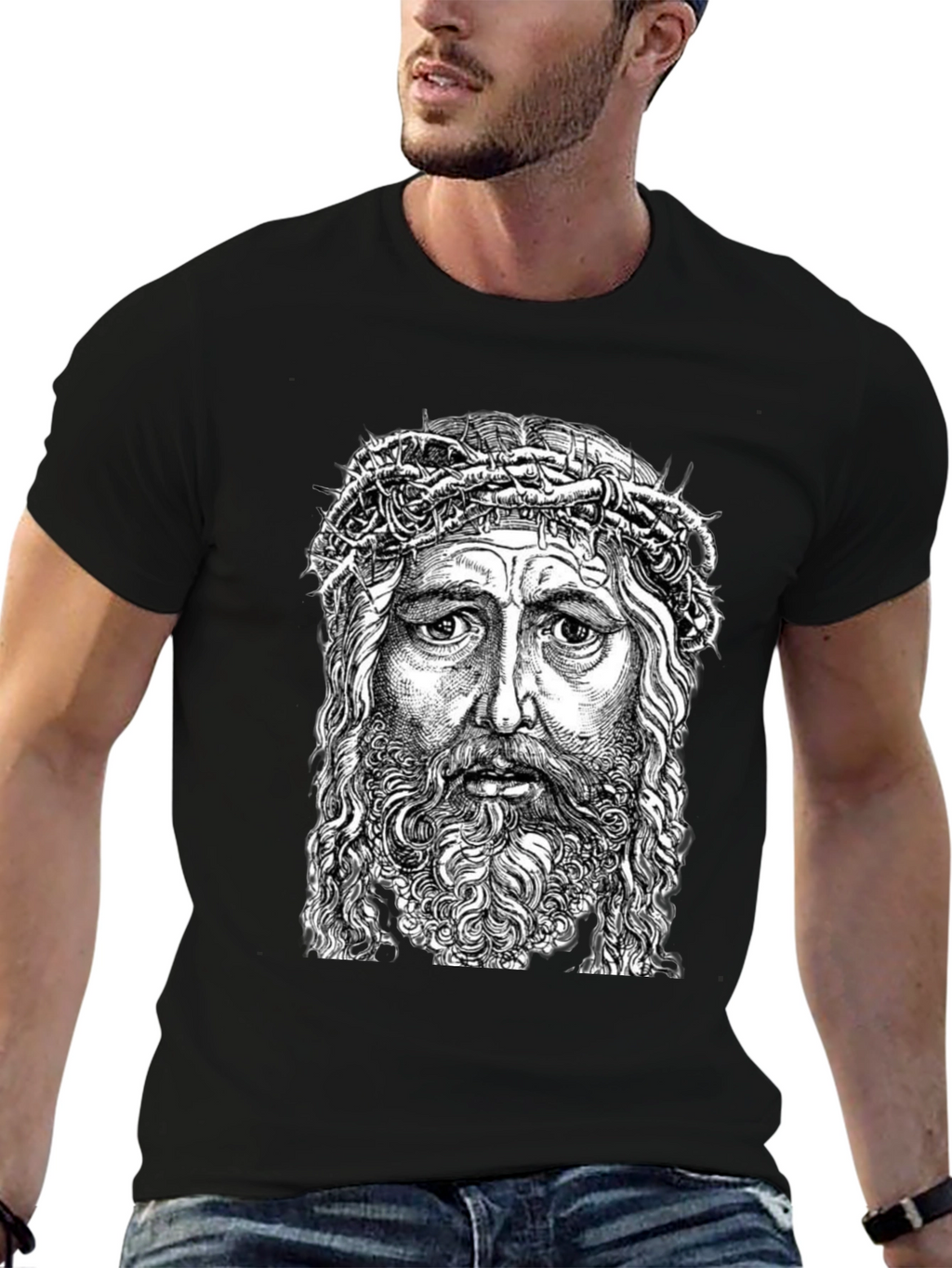 Jesus Portrait Graphic T-Shirt - Black Cotton Blend