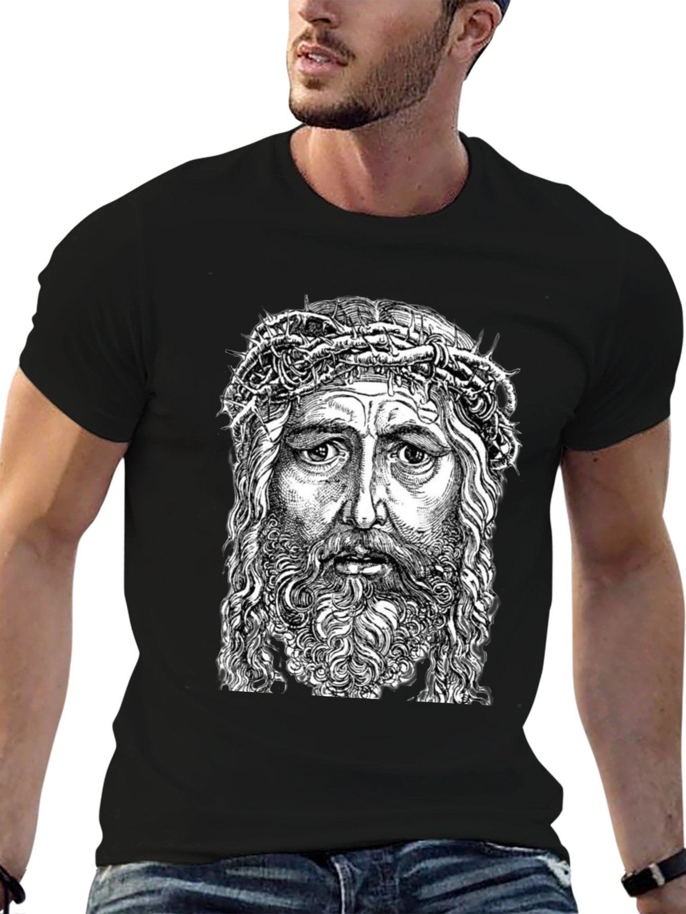 Jesus Portrait Graphic T-Shirt - Black Cotton Blend