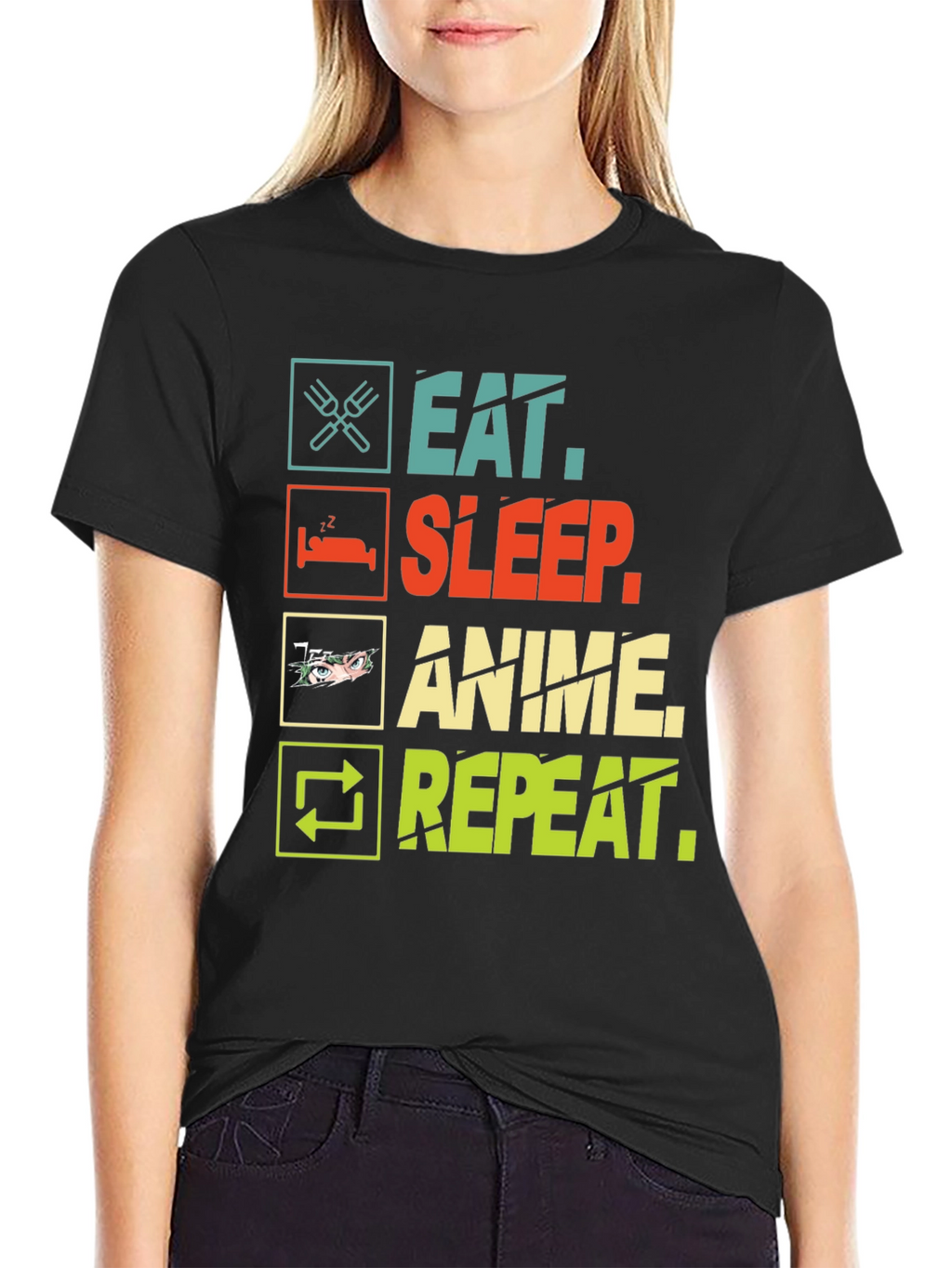 Eat Sleep Anime Repeat Black T-Shirt