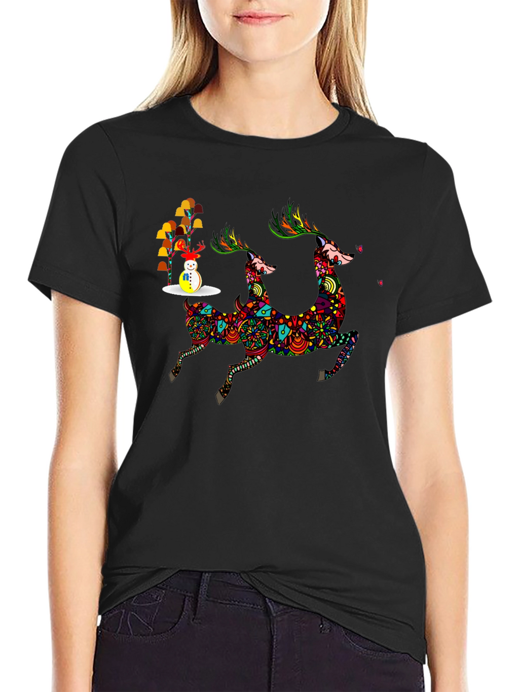 Festive Deer & Snowman Graphic Tee - Holiday Style