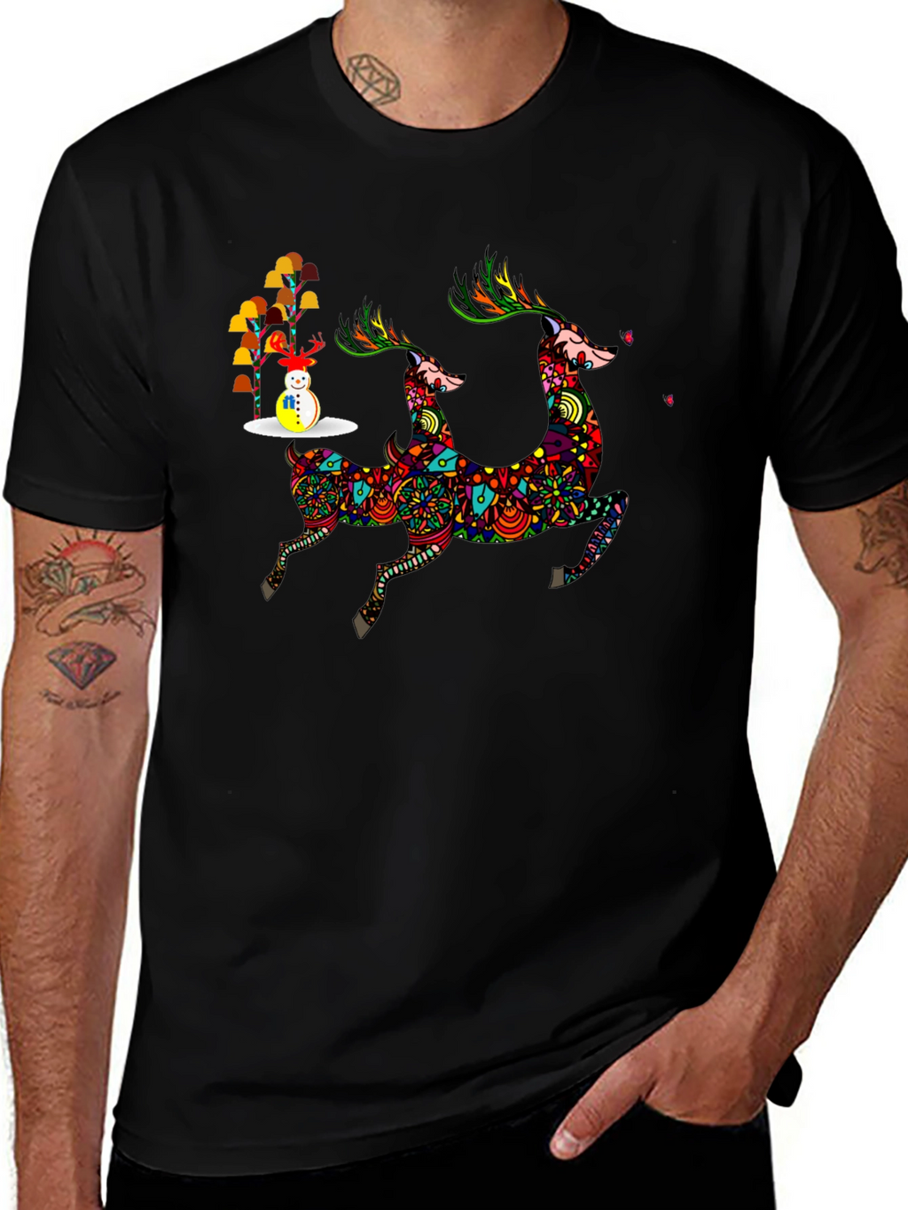 Festive Deer & Snowman Graphic Tee - Holiday Style