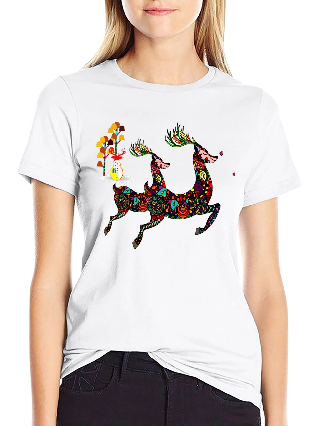 Festive Deer & Snowman Graphic Tee - Holiday Style
