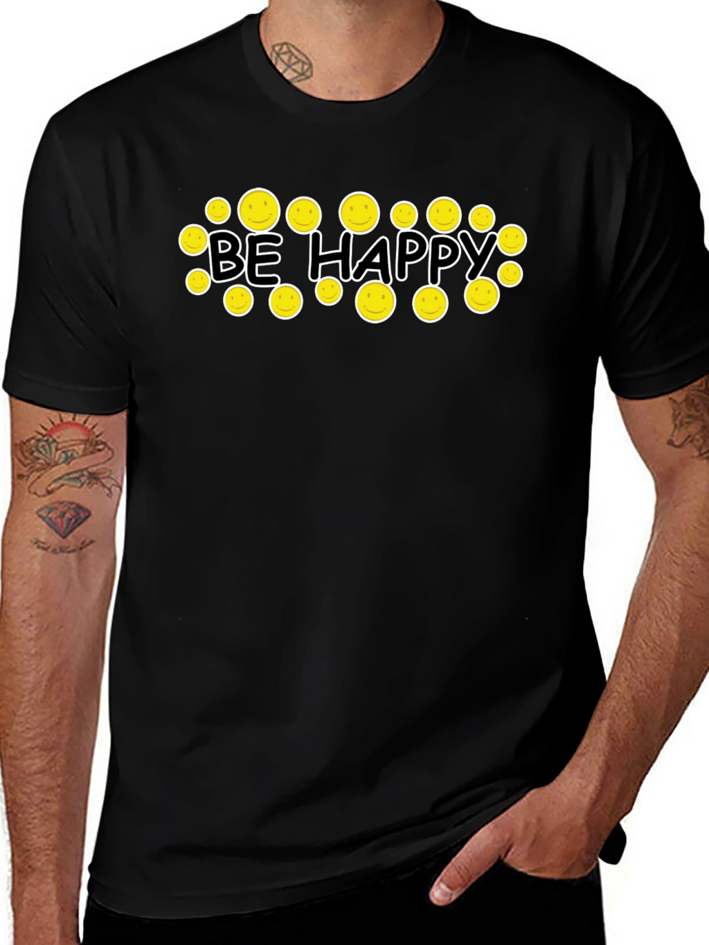 Be Happy Graphic Tee - Smiley Face Black T-Shirt