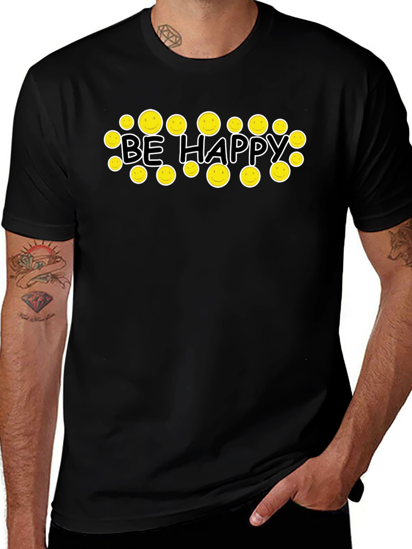 Be Happy Graphic Tee - Smiley Face Black T-Shirt