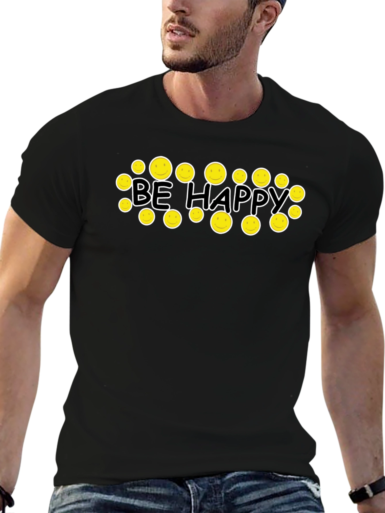Be Happy Graphic Tee - Smiley Face Black T-Shirt