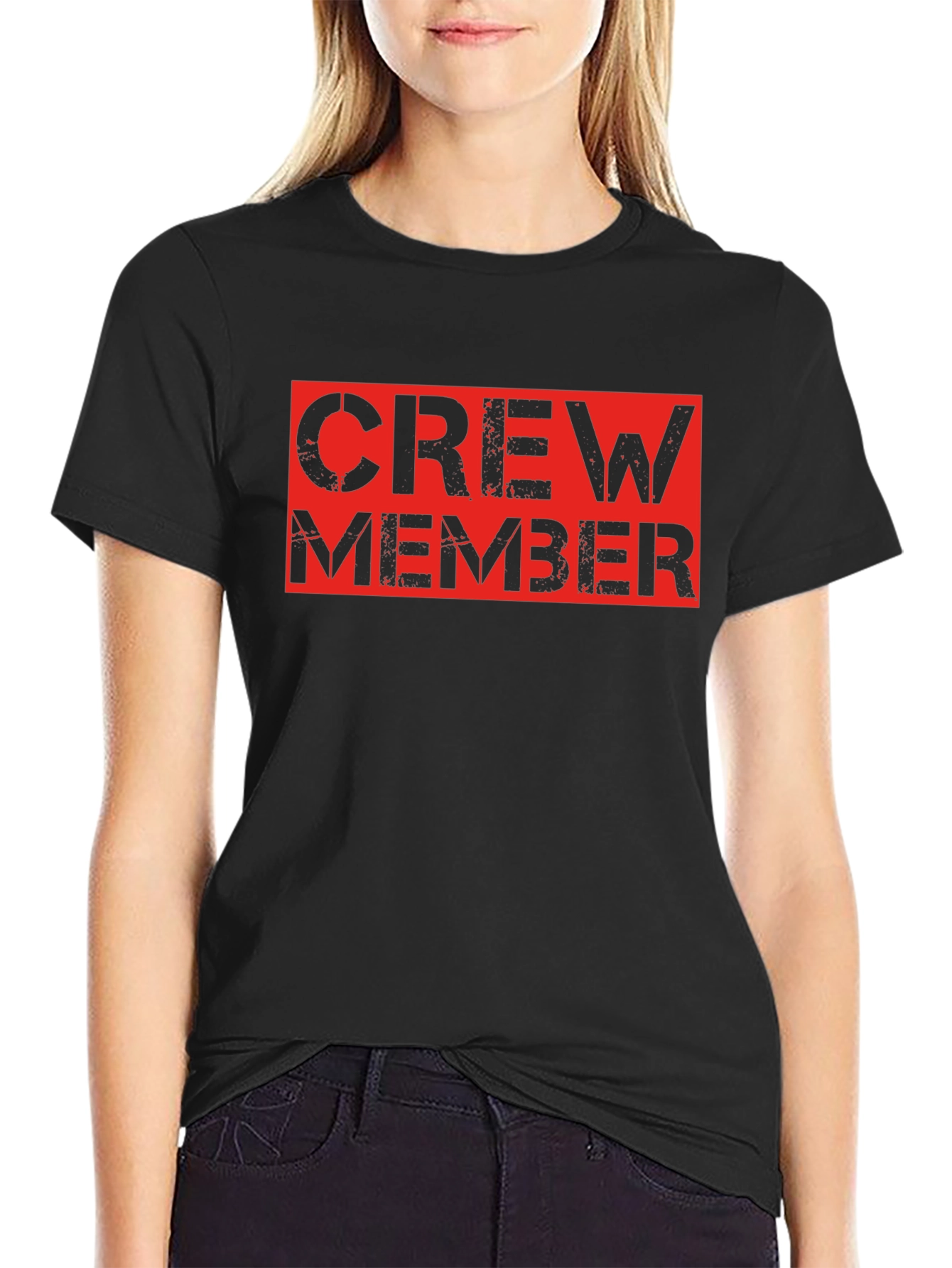 Crew Member Black T-Shirt - Bold Red Design