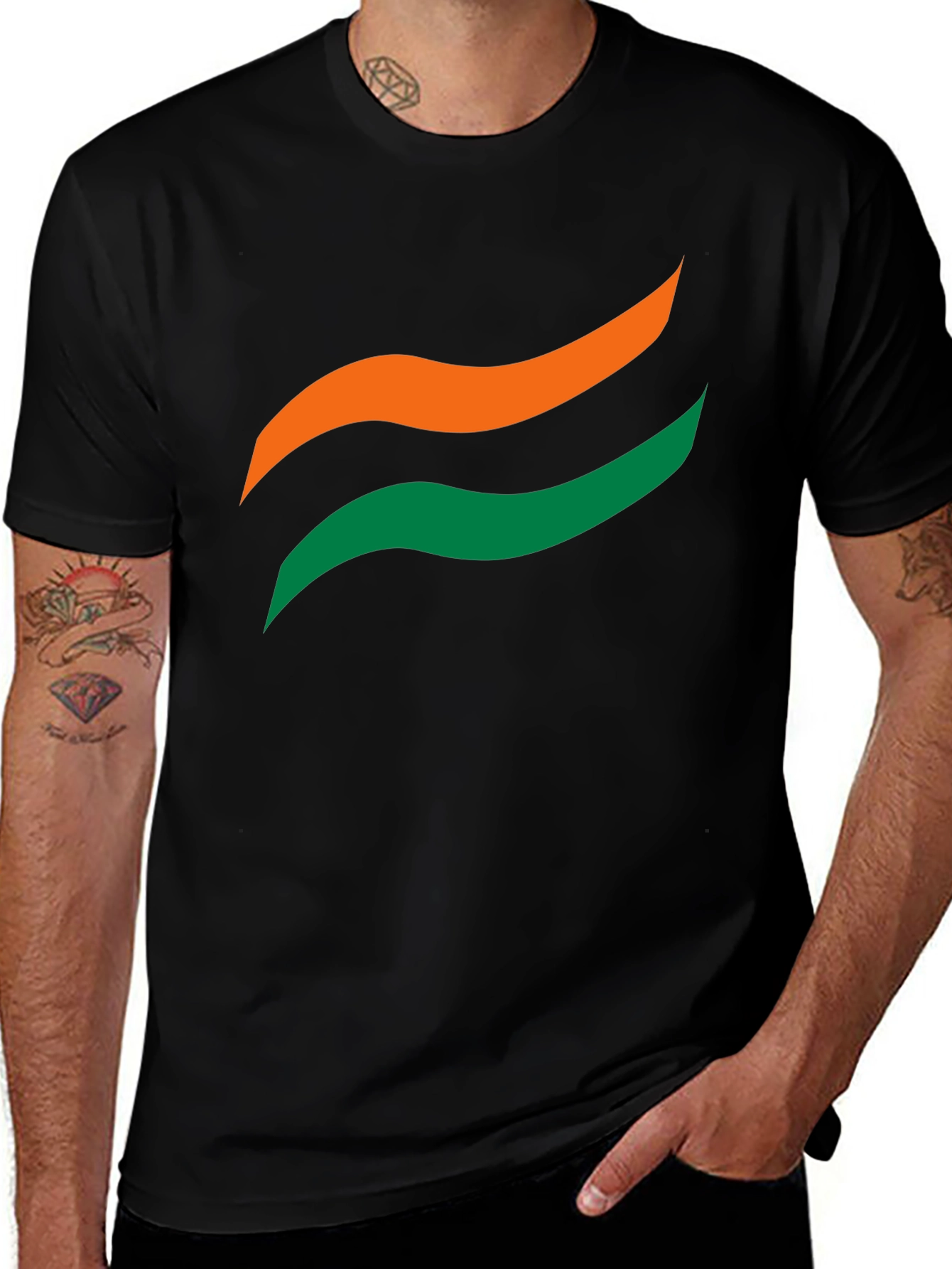 Mens Black Graphic Tee - Abstract Wave Design
