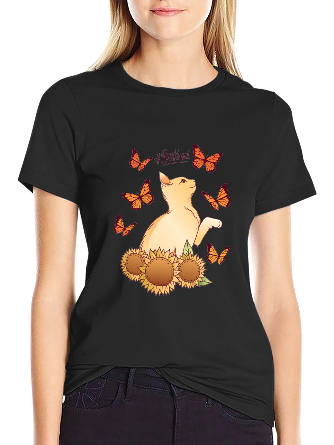 Be Kind Cat Butterfly Sunflower T-Shirt