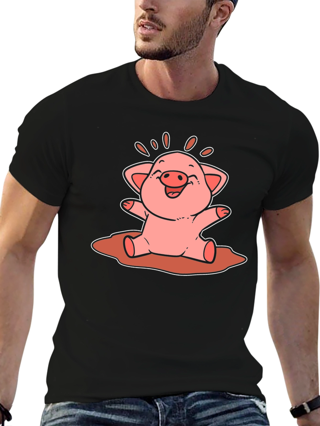 Cute Pig Cartoon Graphic Tee - Unisex Black T-Shirt