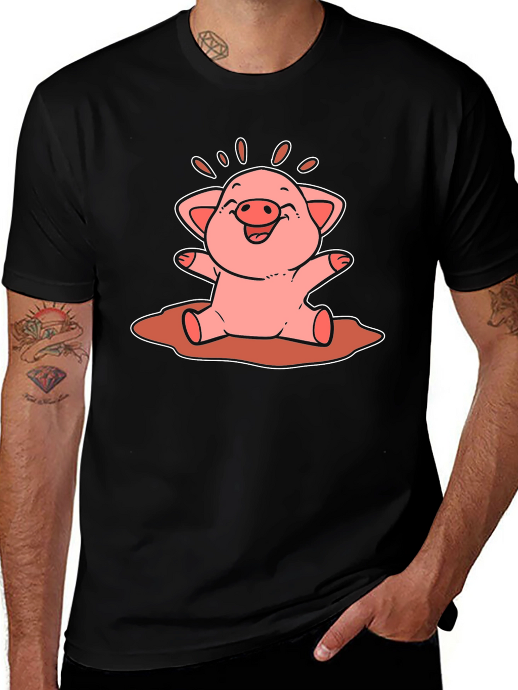 Cute Pig Cartoon Graphic Tee - Unisex Black T-Shirt