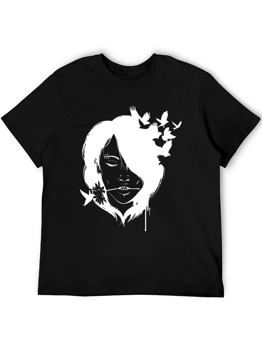 Black T-Shirt with White Girl and Bird Design