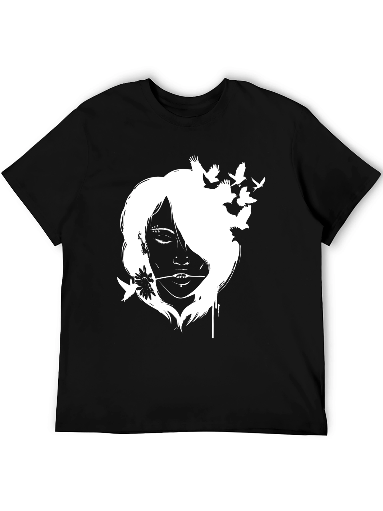 Black T-Shirt with White Girl and Bird Design