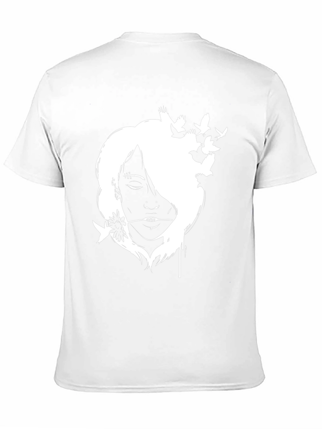 Black T-Shirt with White Girl and Bird Design