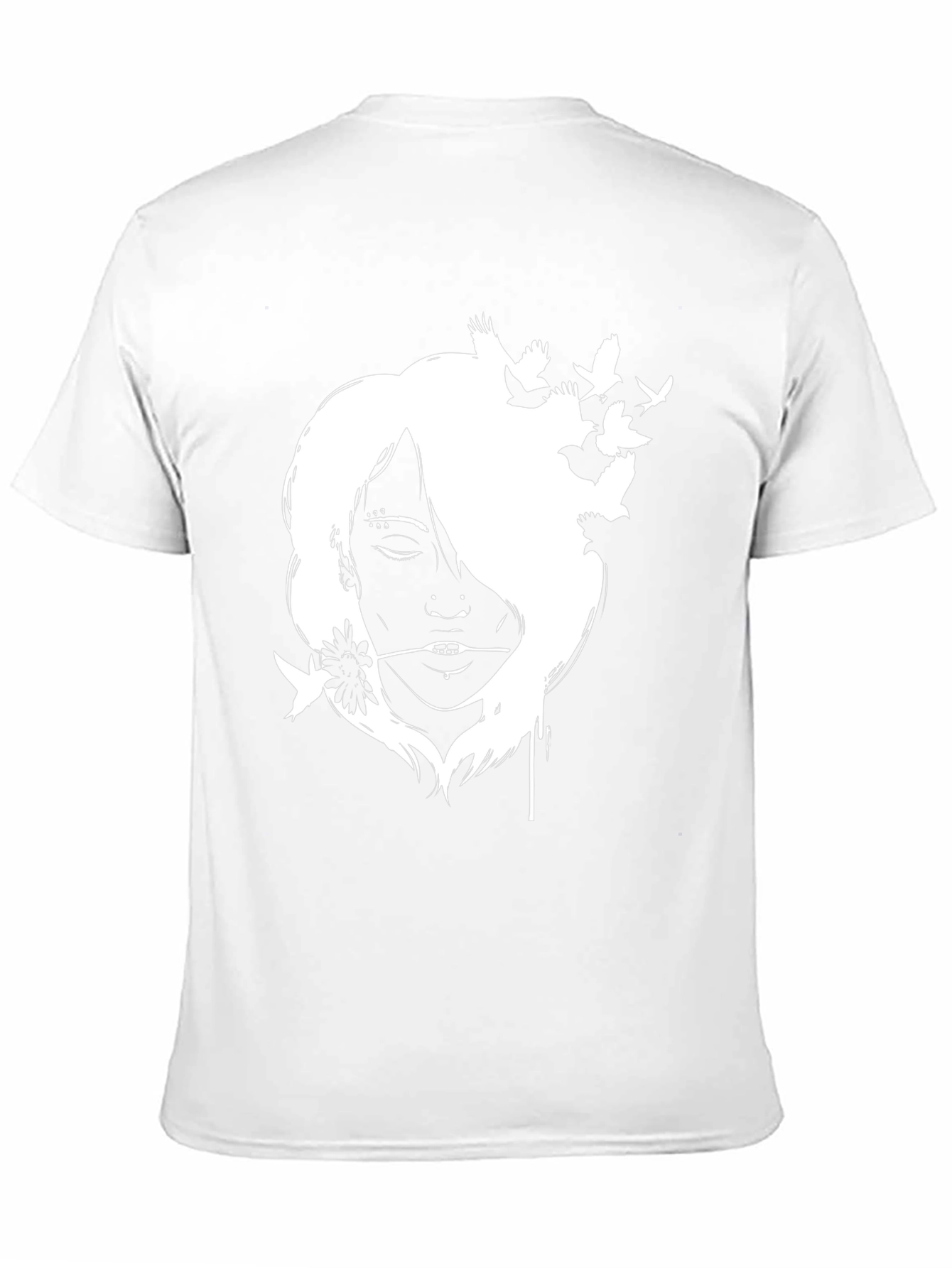 Black T-Shirt with White Girl and Bird Design