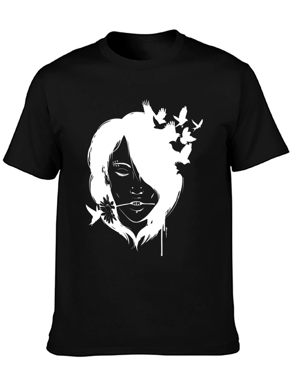 Black T-Shirt with White Girl and Bird Design
