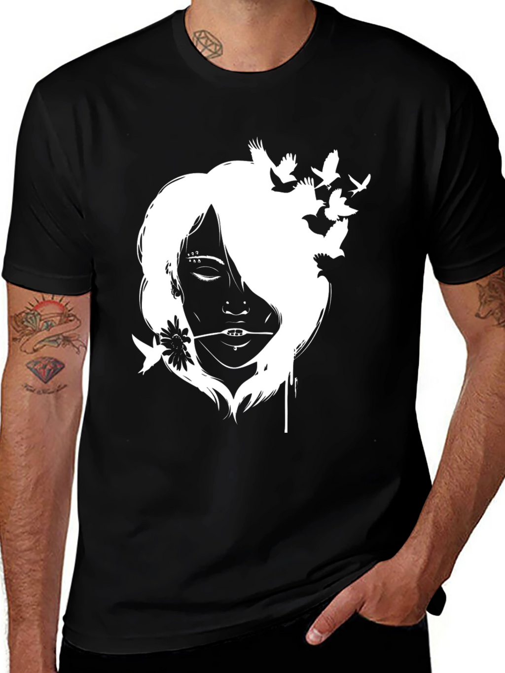 Black T-Shirt with White Girl and Bird Design