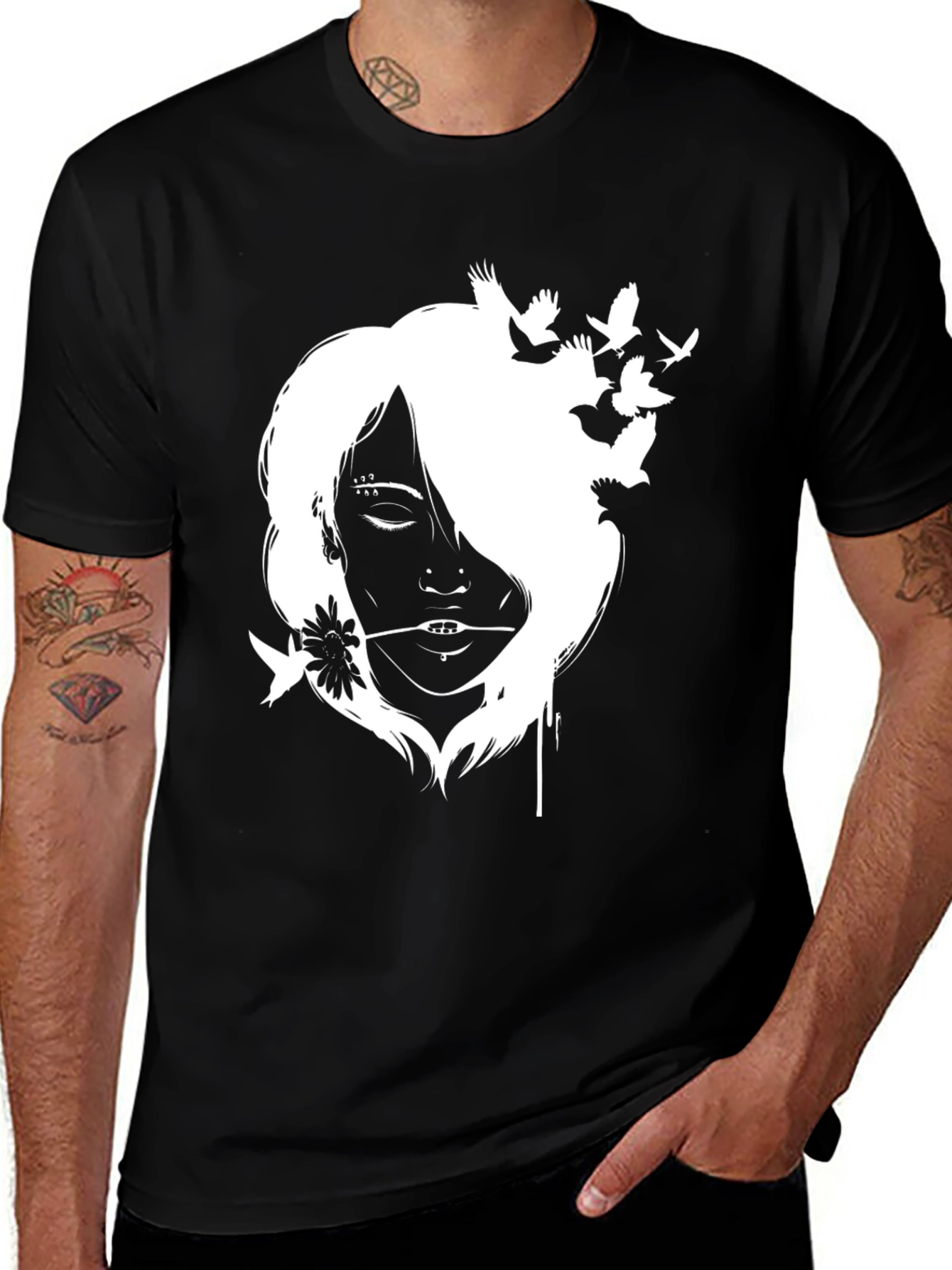 Black T-Shirt with White Girl and Bird Design