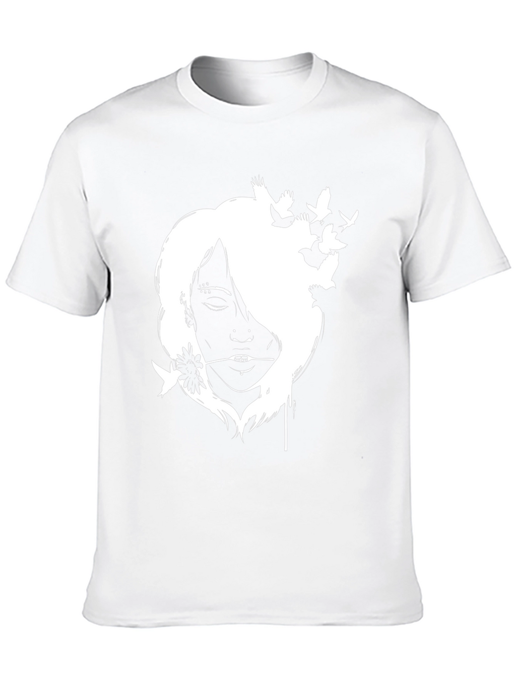 Black T-Shirt with White Girl and Bird Design