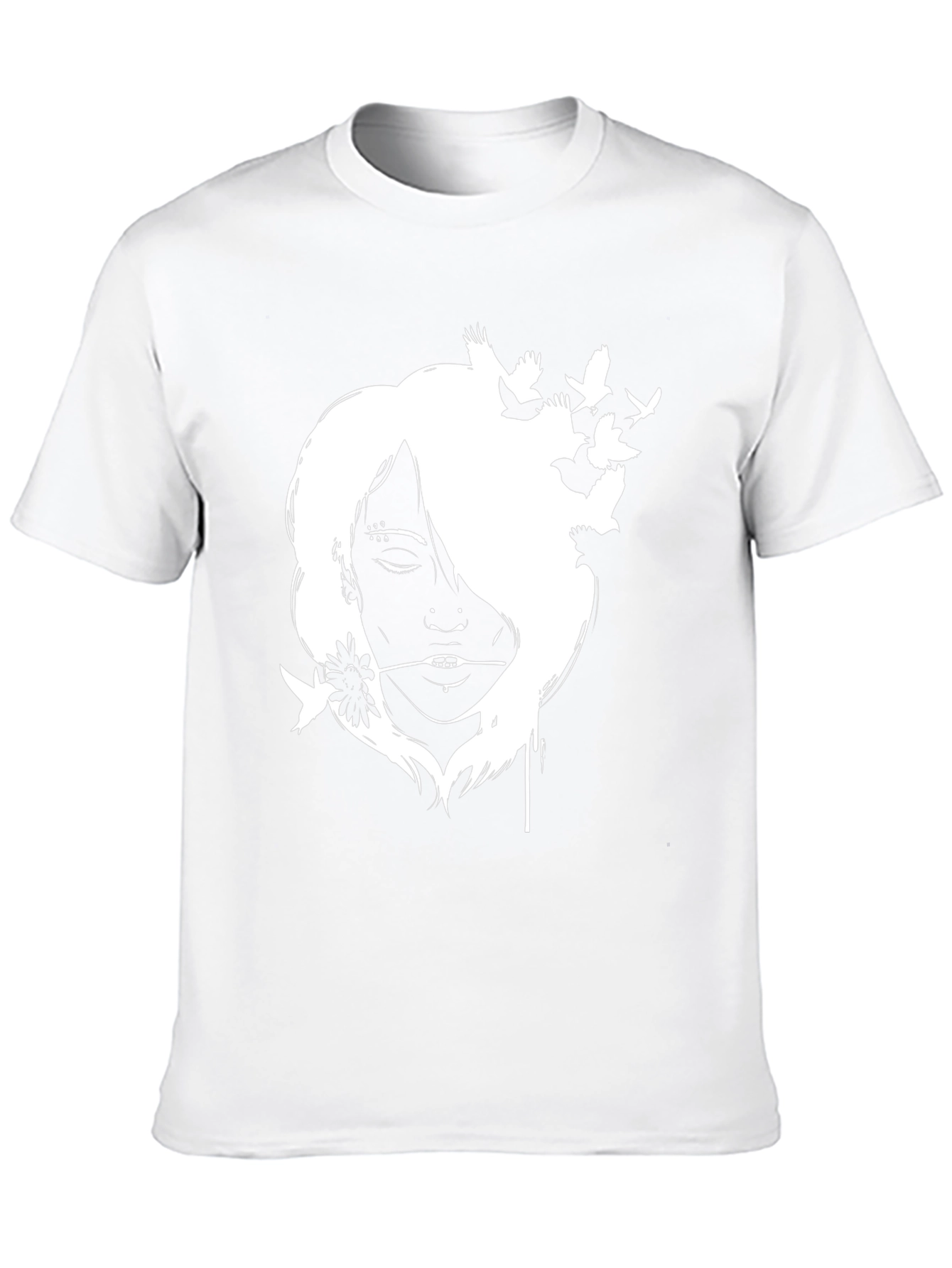 Black T-Shirt with White Girl and Bird Design