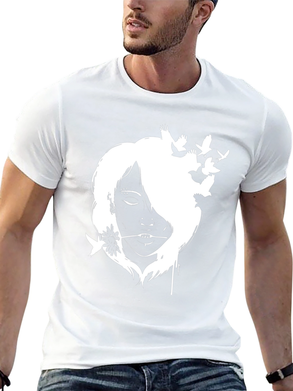 Black T-Shirt with White Girl and Bird Design