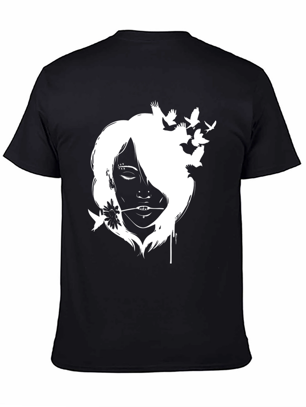 Black T-Shirt with White Girl and Bird Design