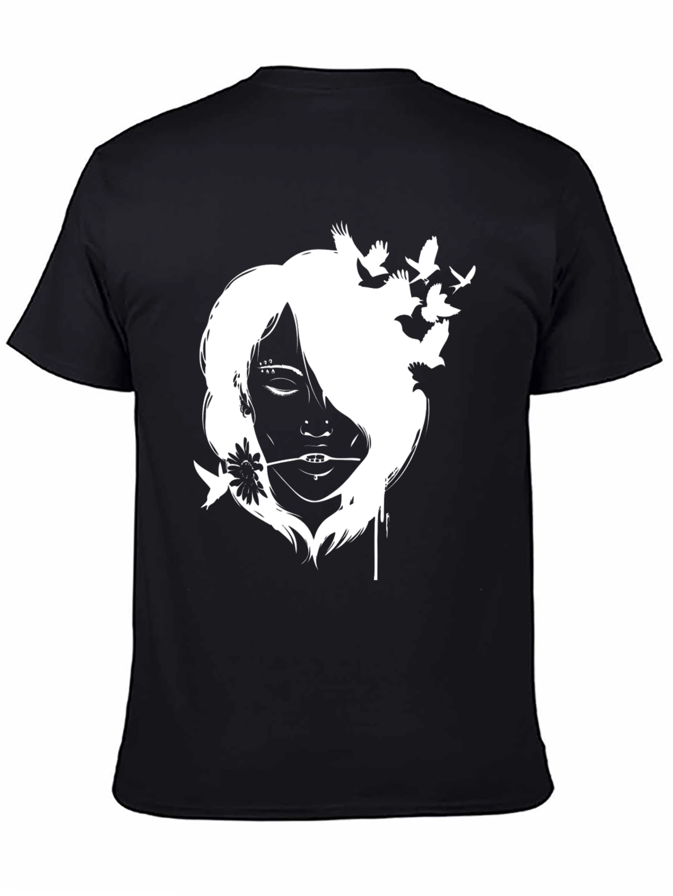 Black T-Shirt with White Girl and Bird Design