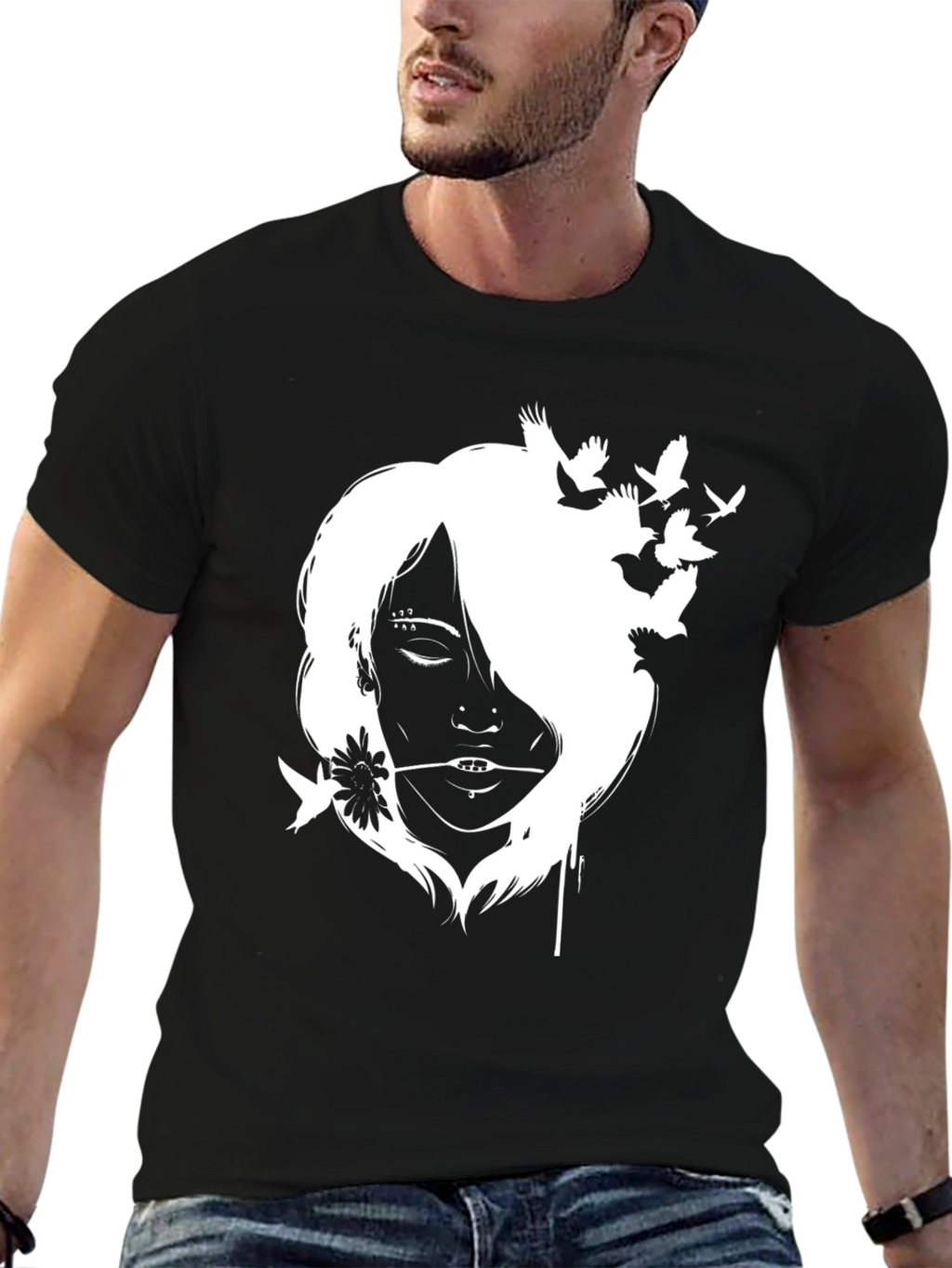 Black T-Shirt with White Girl and Bird Design