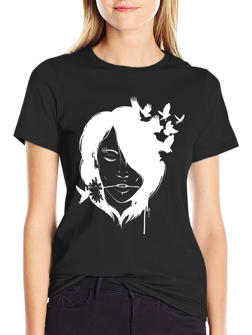 Black T-Shirt with White Girl and Bird Design