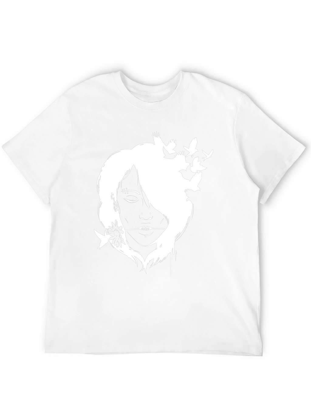 Black T-Shirt with White Girl and Bird Design