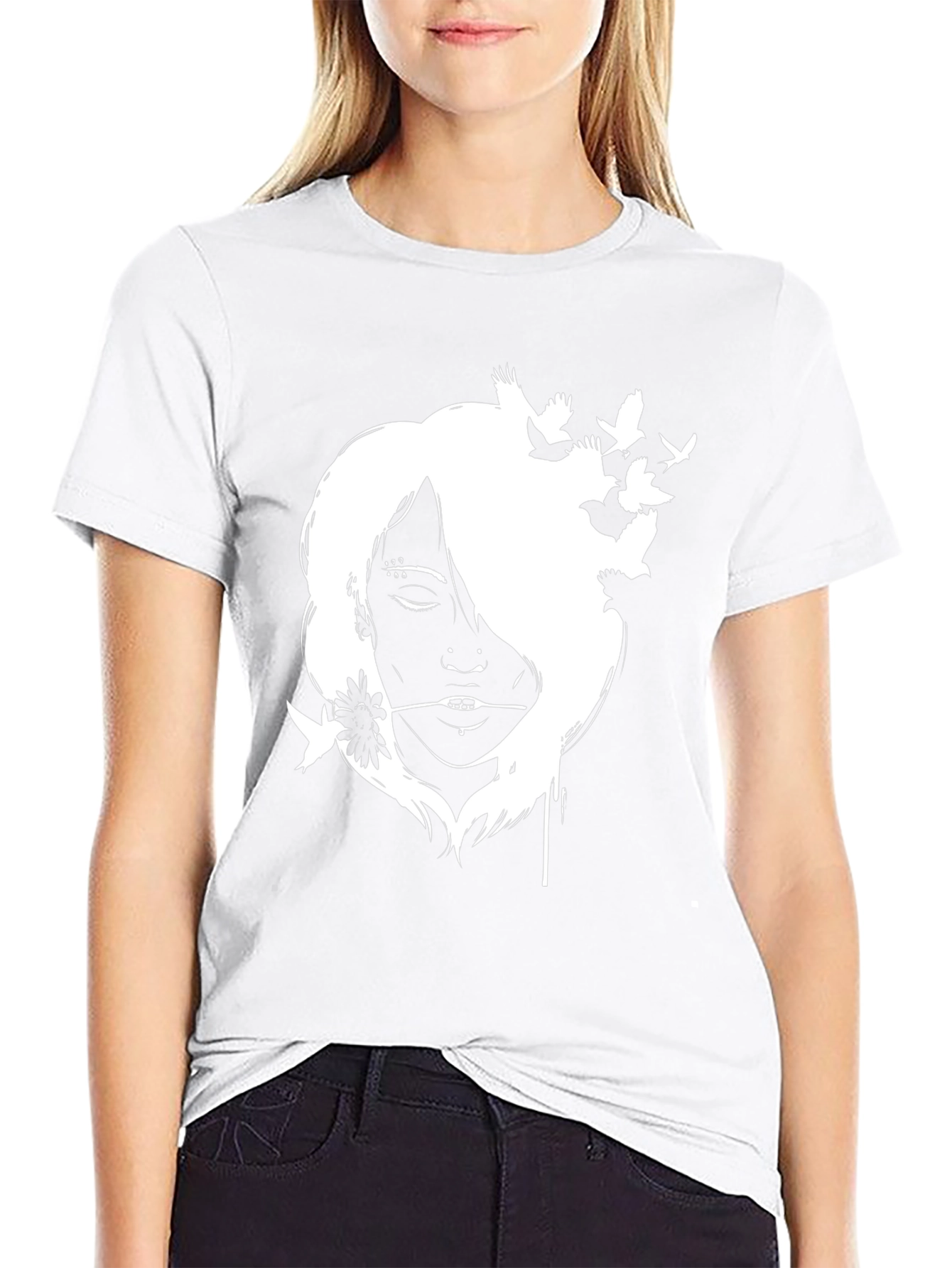 Black T-Shirt with White Girl and Bird Design