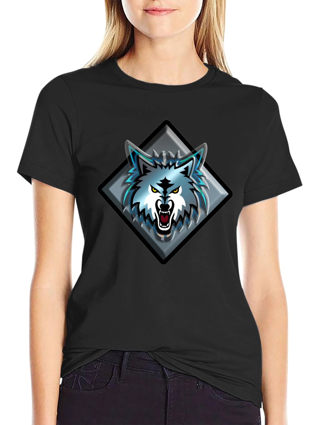 Black T-Shirt with Wolf Graphic