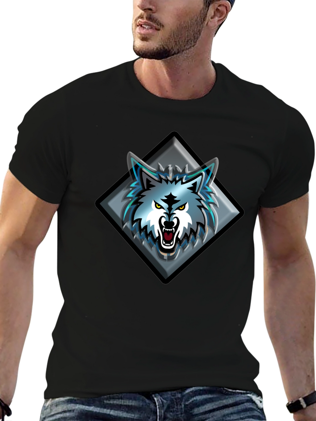 Black T-Shirt with Wolf Graphic