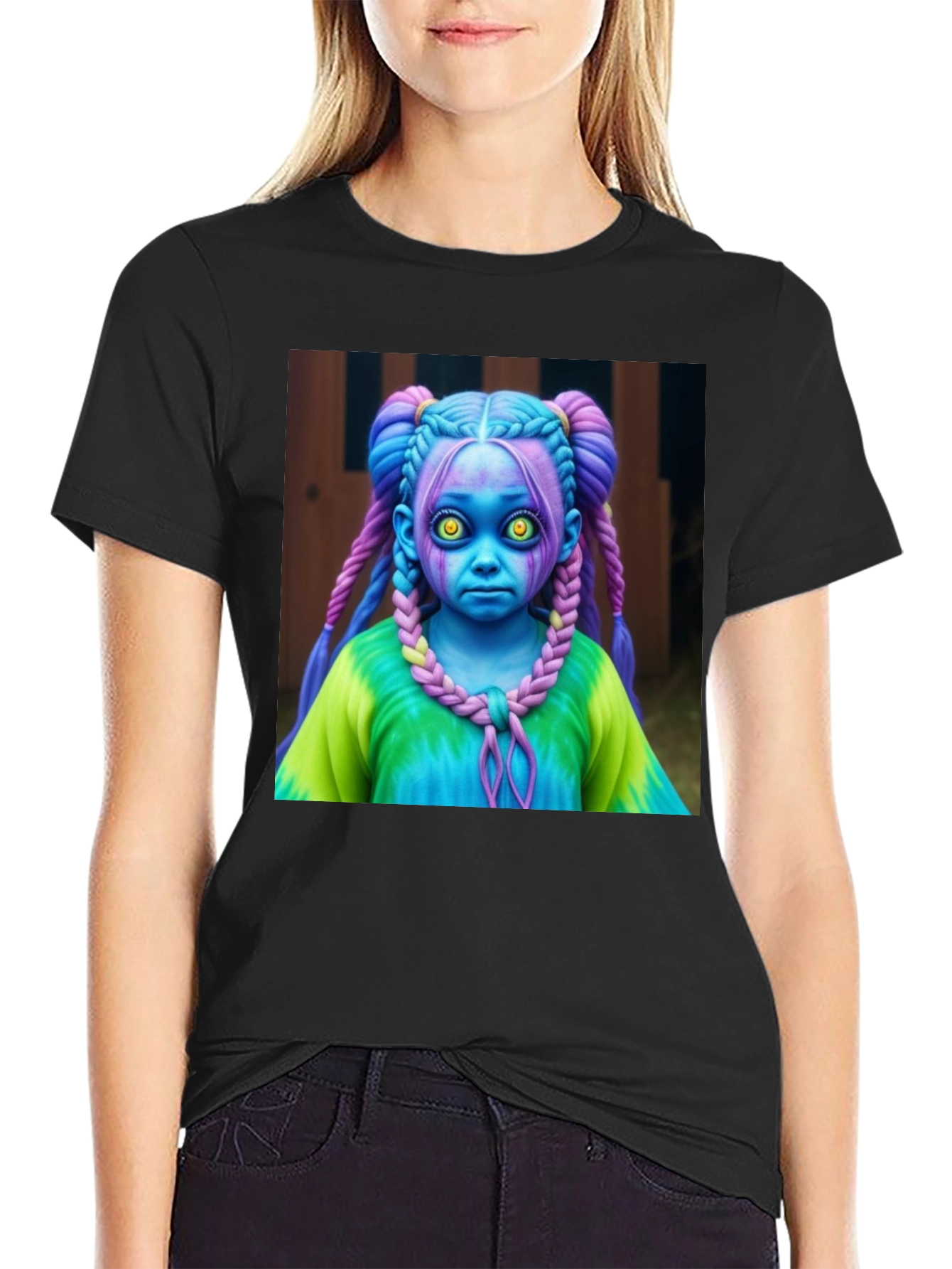 Creepy Cute Doll Graphic Tee - Unique Black T-Shirt