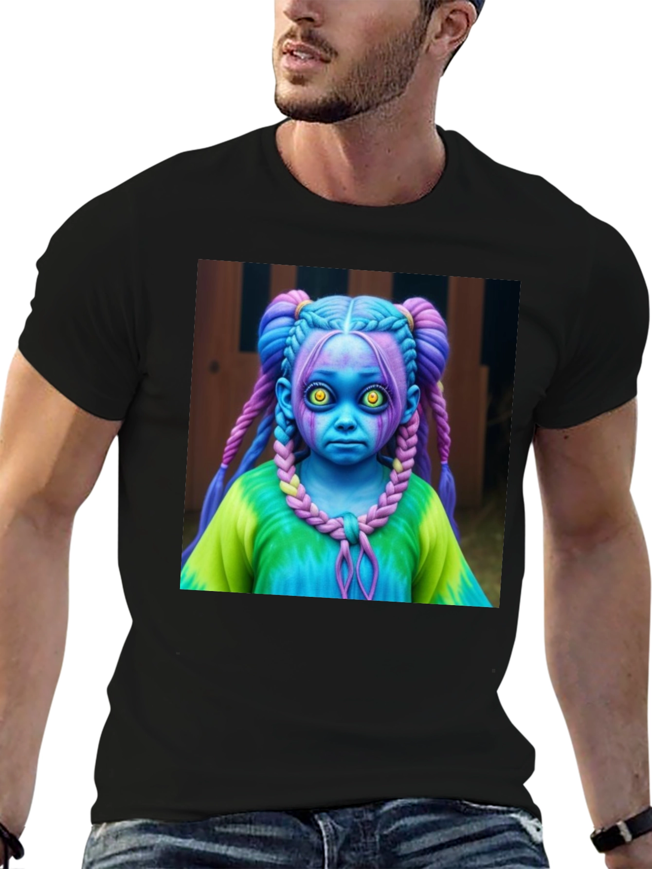 Creepy Cute Doll Graphic Tee - Unique Black T-Shirt