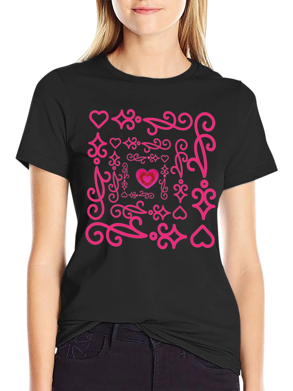 Heart Swirl Graphic Tee - Black Cotton Blend