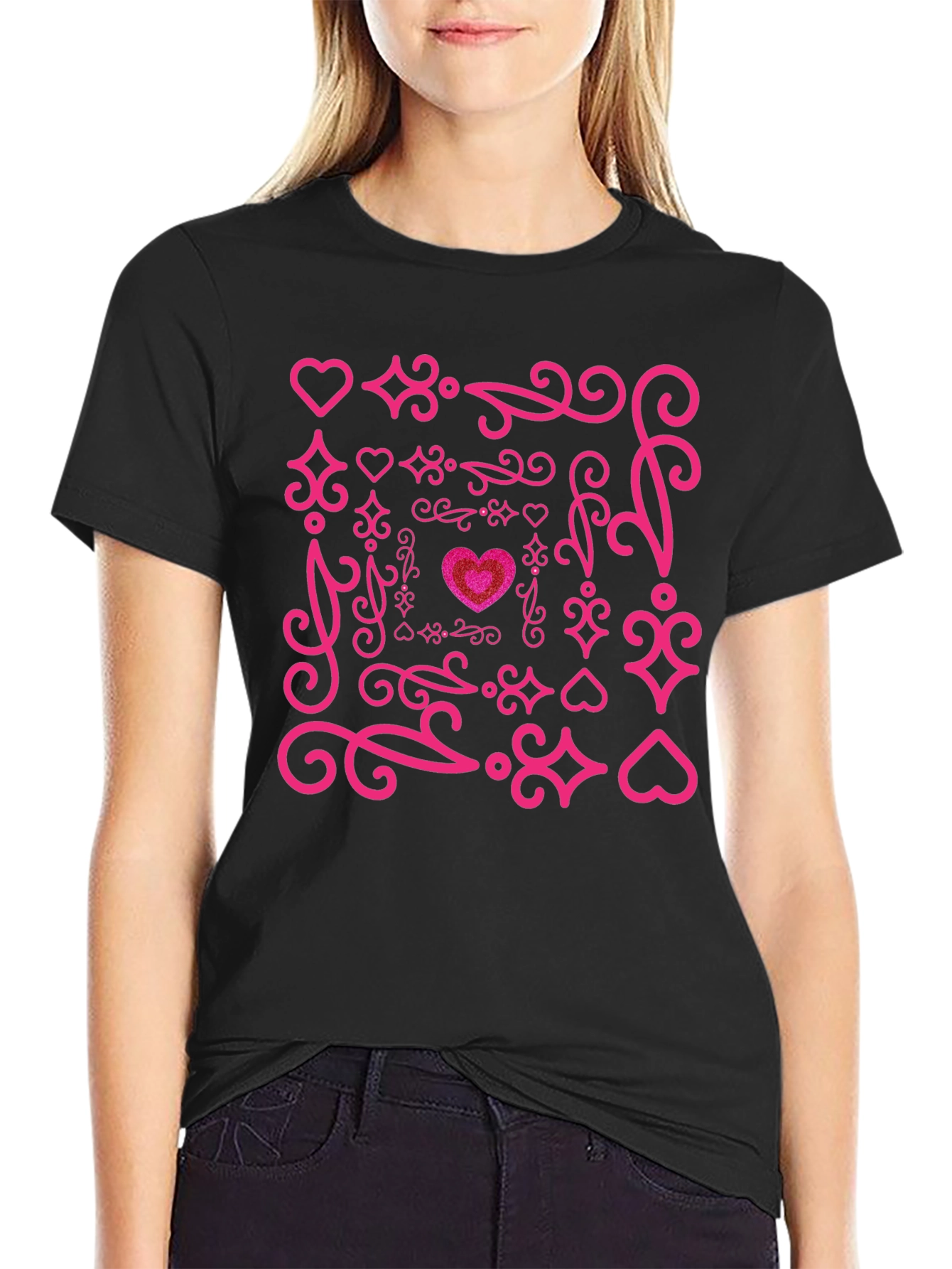 Heart Swirl Graphic Tee - Black Cotton Blend
