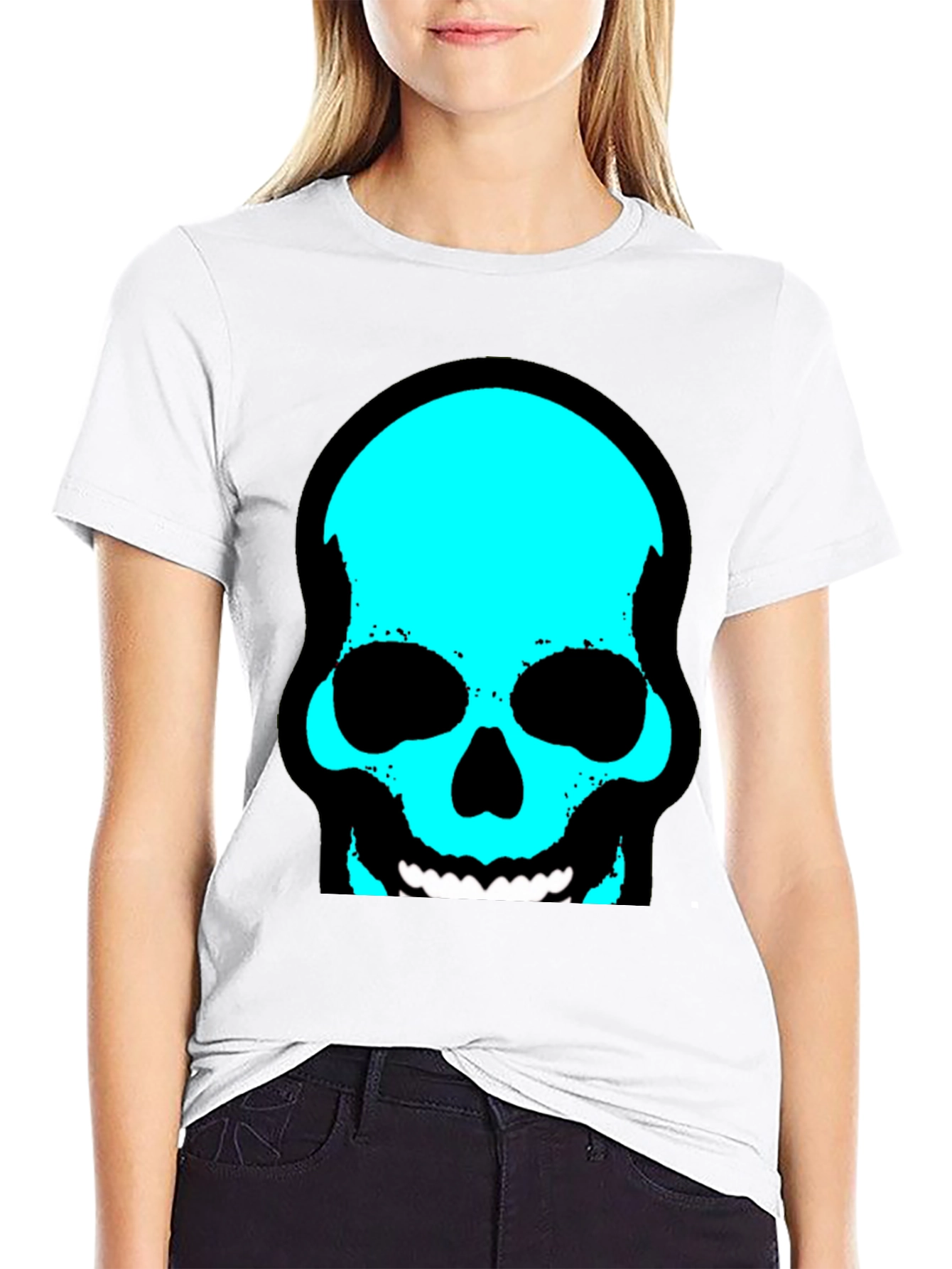 Skull Graphic Tee - Trendy Cyan Skull Design