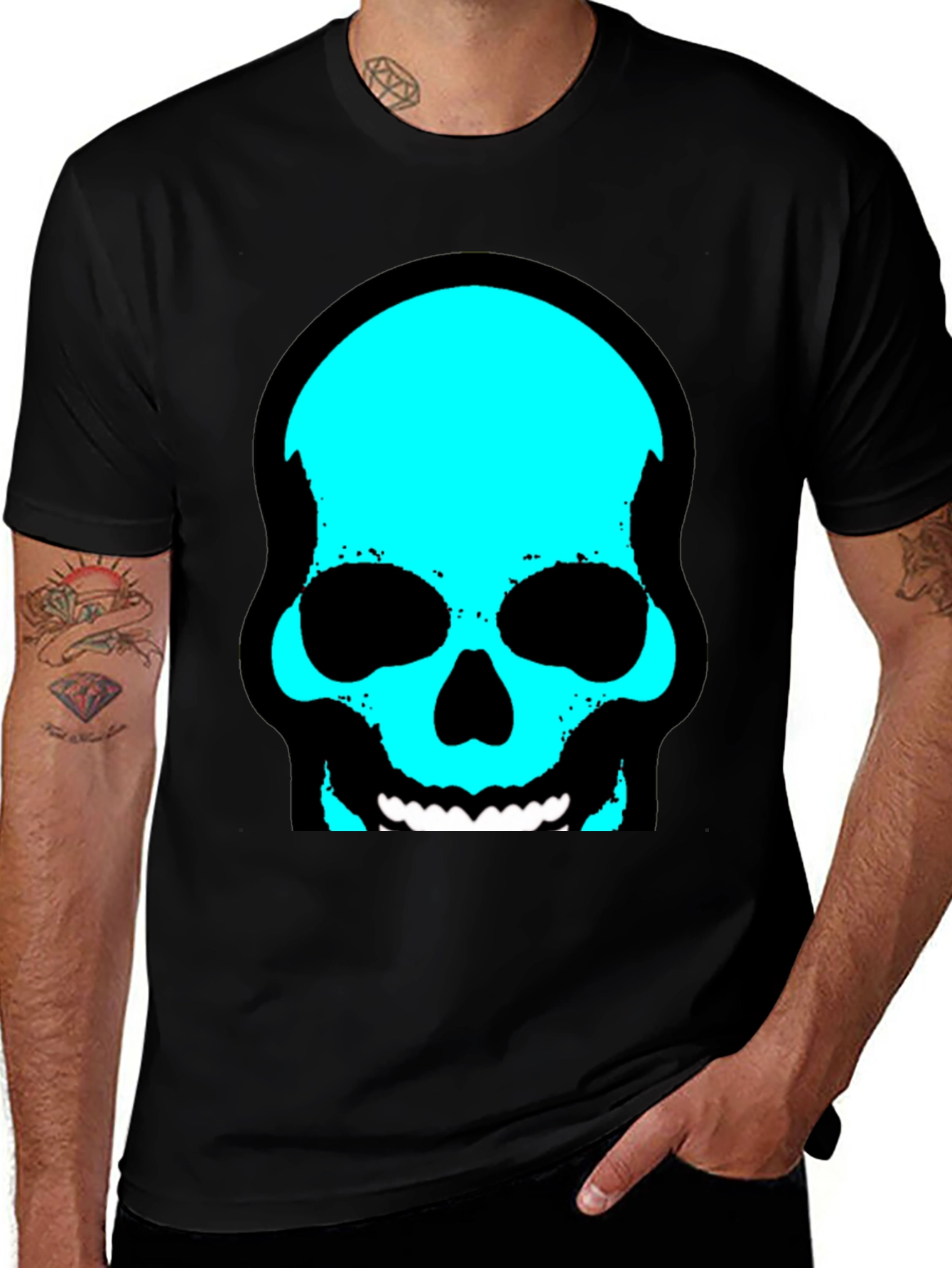 Skull Graphic Tee - Trendy Cyan Skull Design
