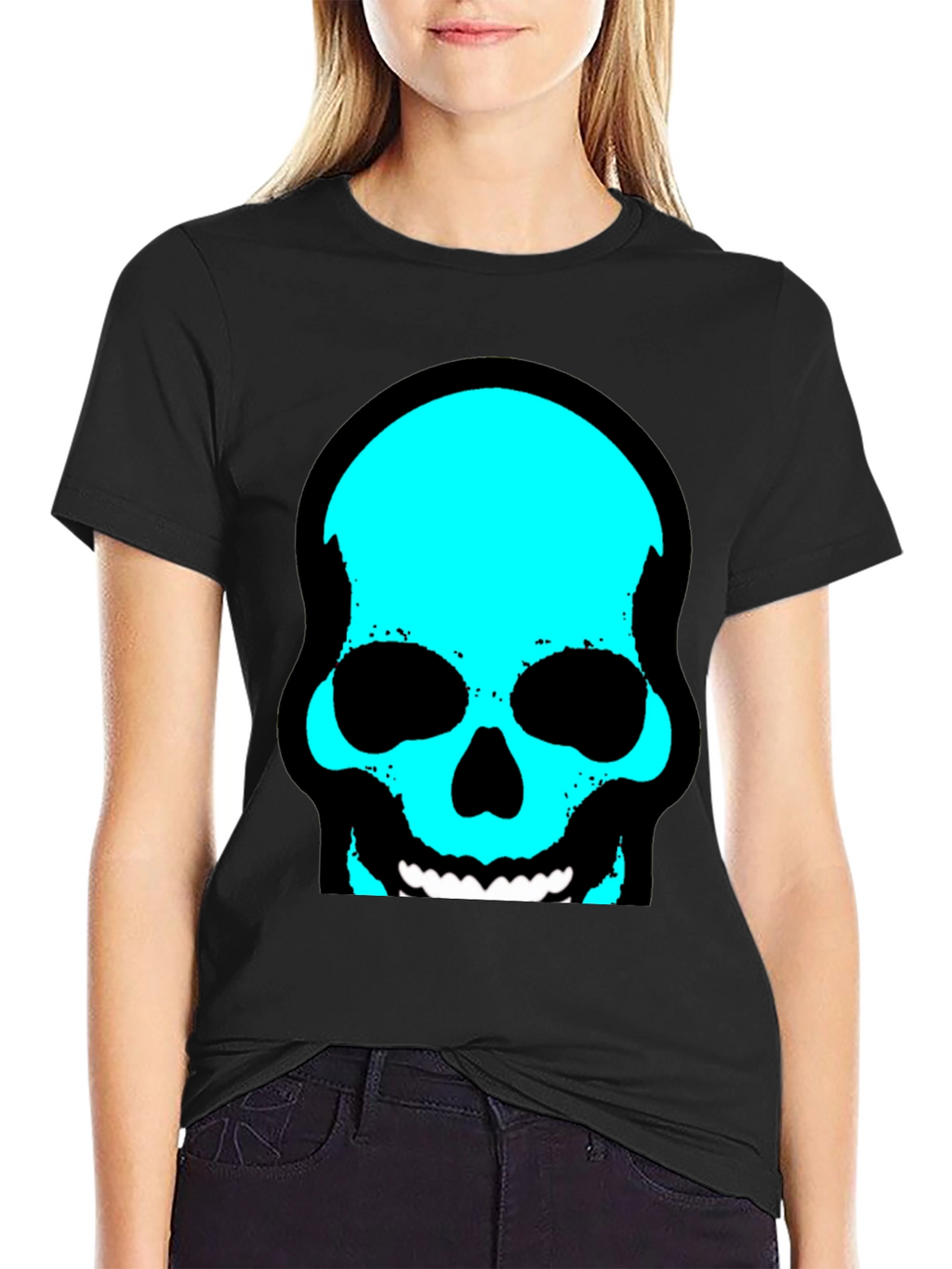 Skull Graphic Tee - Trendy Cyan Skull Design