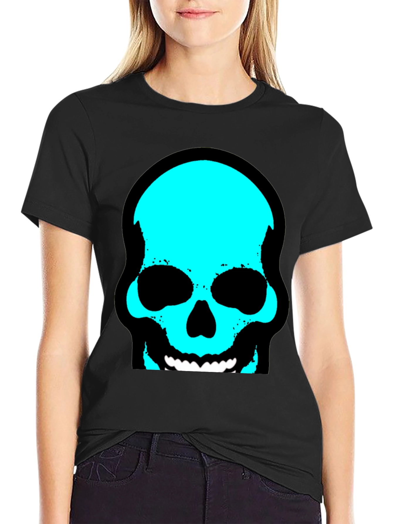 Skull Graphic Tee - Trendy Cyan Skull Design