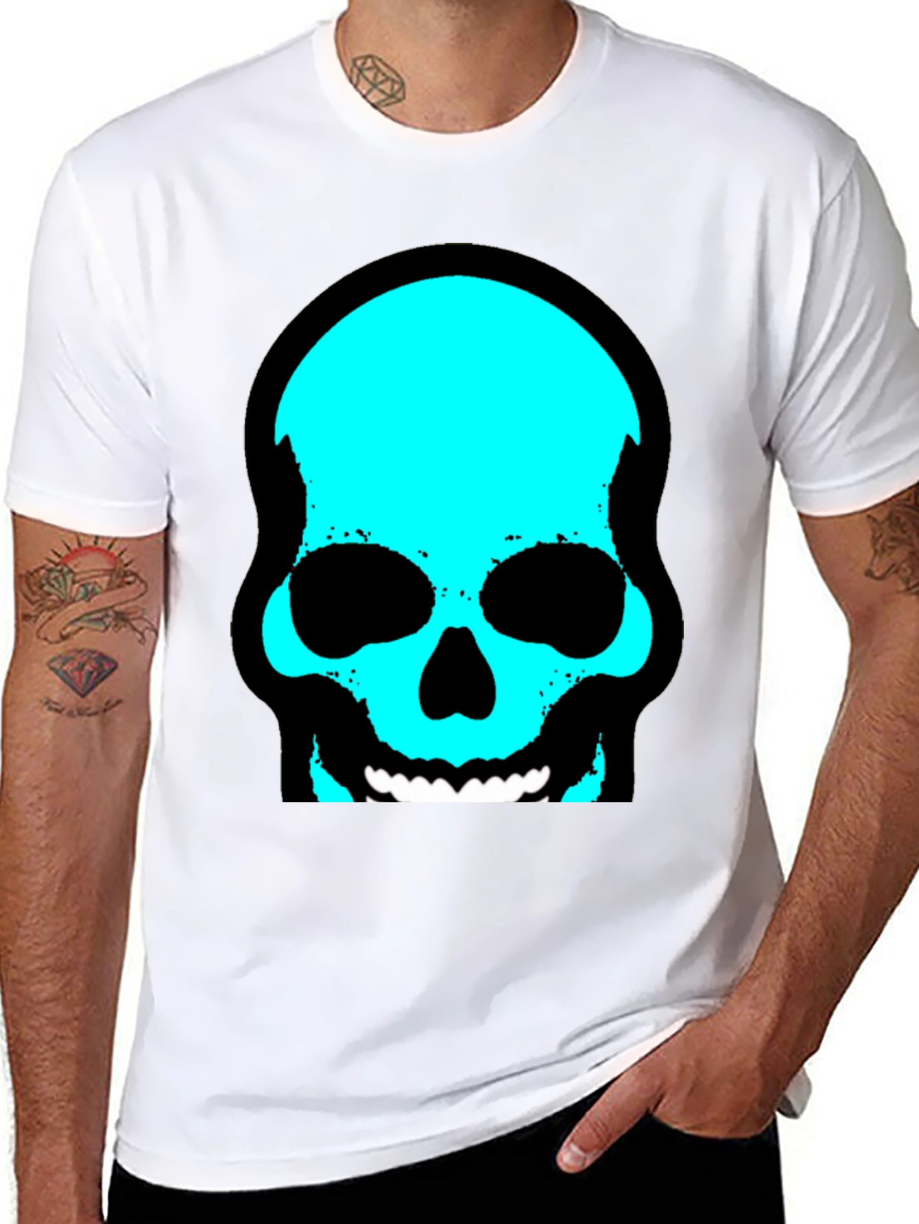 Skull Graphic Tee - Trendy Cyan Skull Design