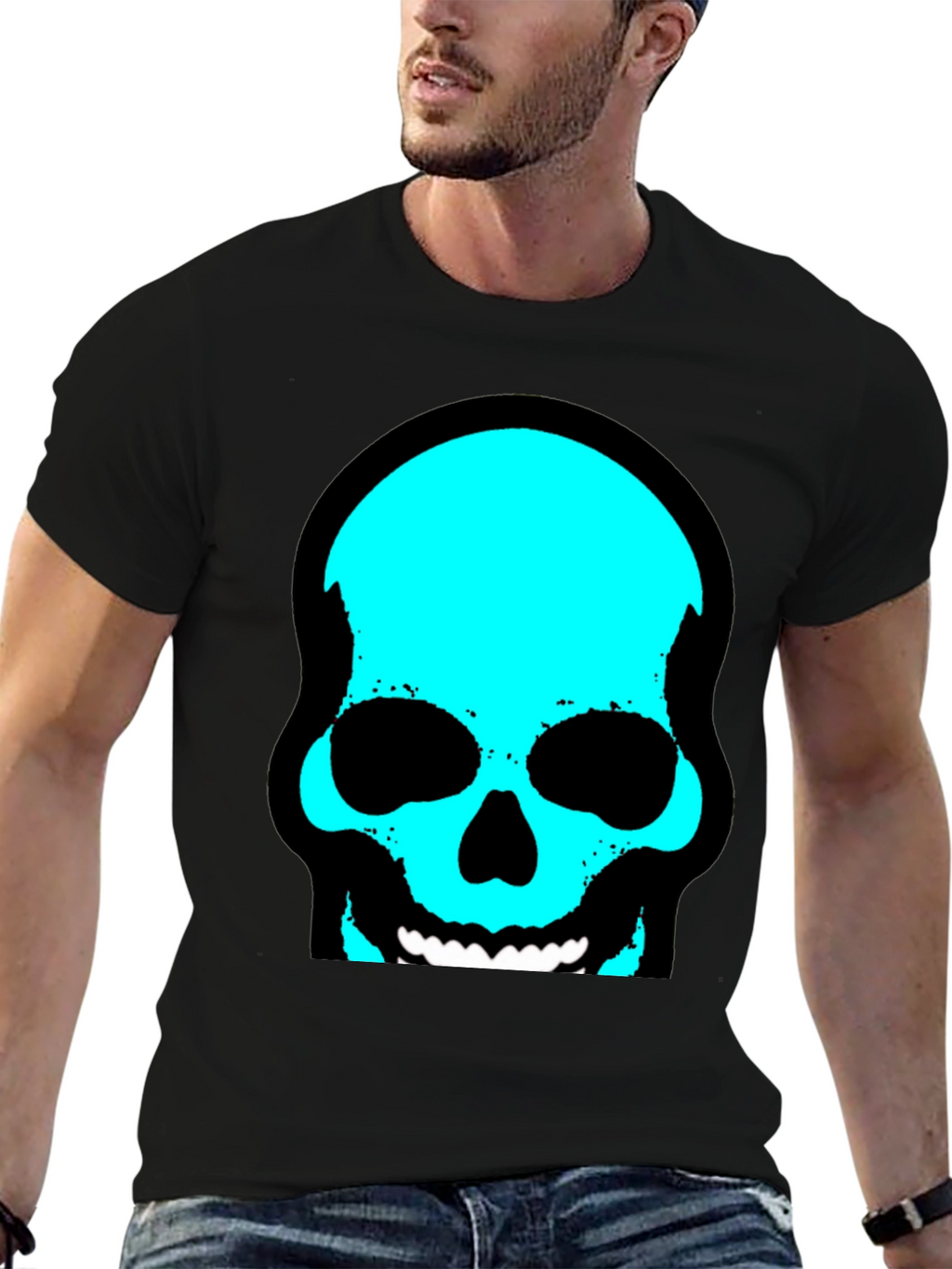 Skull Graphic Tee - Trendy Cyan Skull Design
