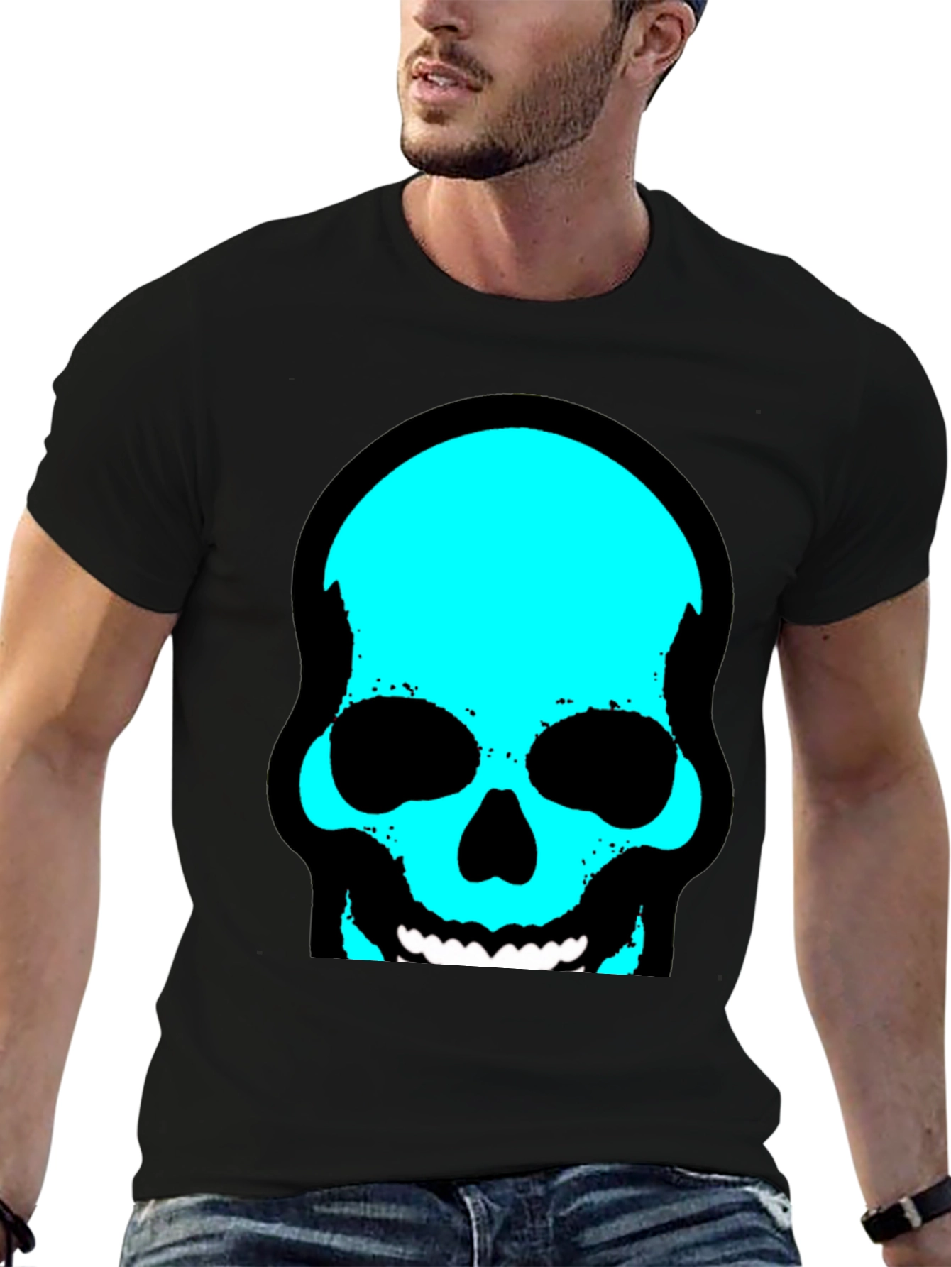 Skull Graphic Tee - Trendy Cyan Skull Design