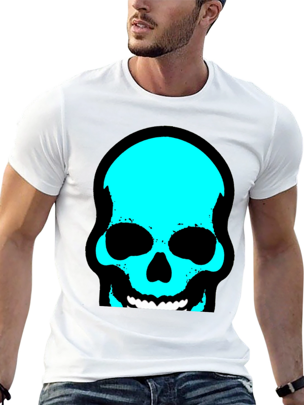 Skull Graphic Tee - Trendy Cyan Skull Design