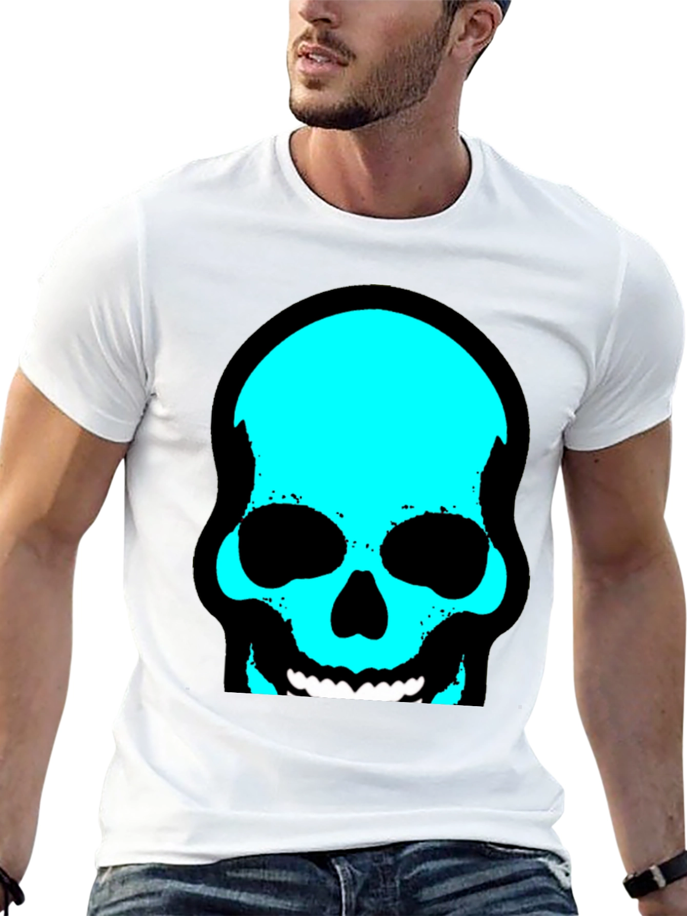 Skull Graphic Tee - Trendy Cyan Skull Design