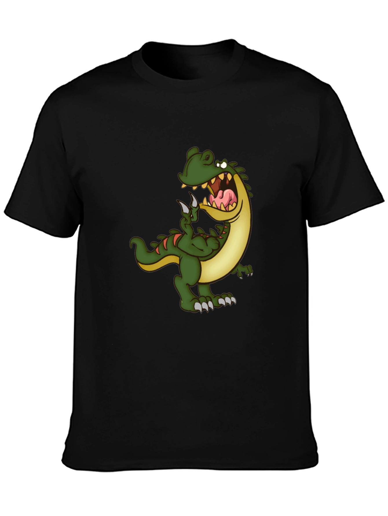 Mens Black T-Shirt with Cartoon Dinosaur Graphic