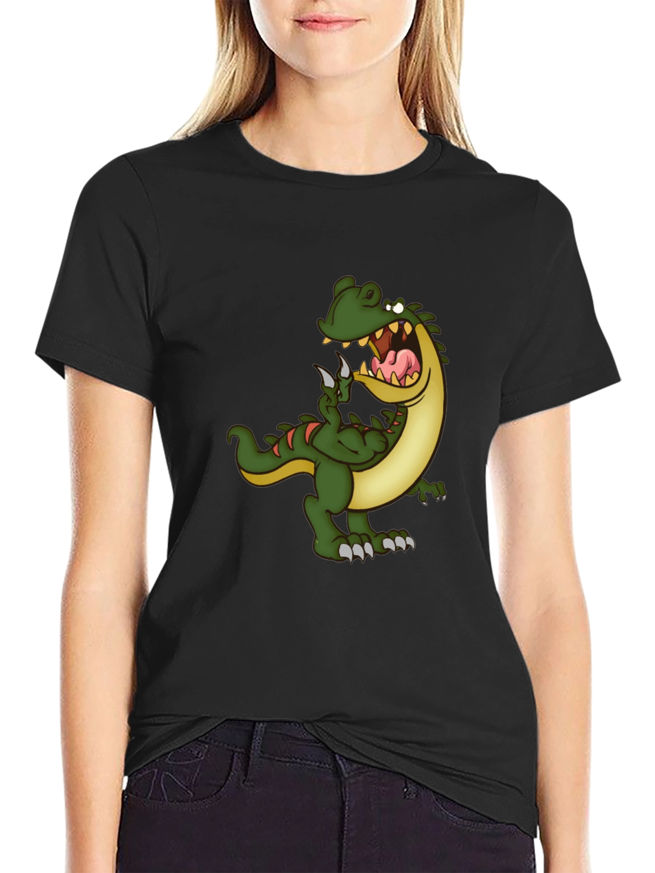 Mens Black T-Shirt with Cartoon Dinosaur Graphic